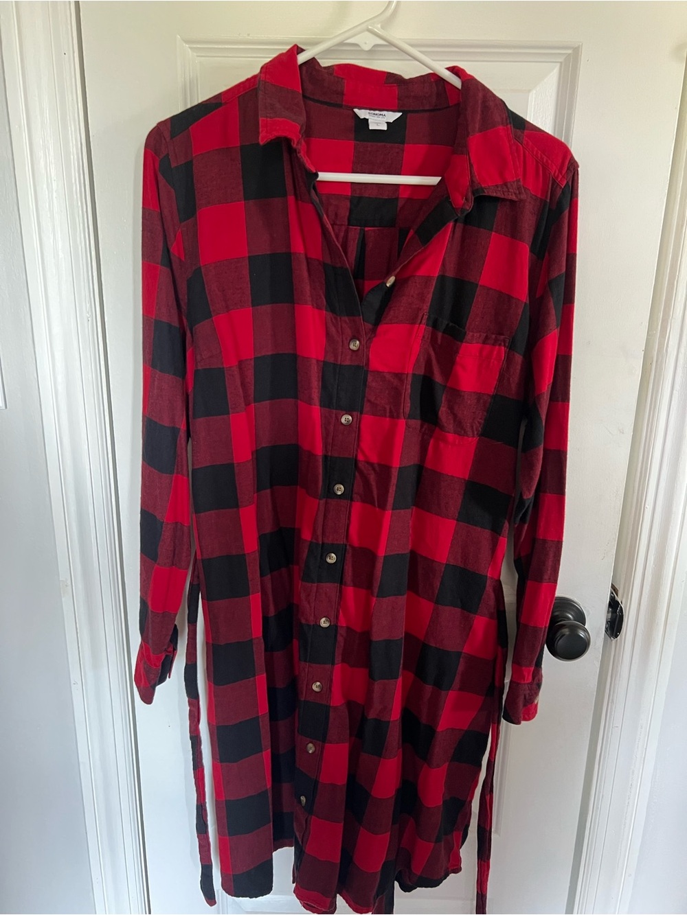 Red and Black Buffalo Plaid Button-Front Women's Dress with pockets